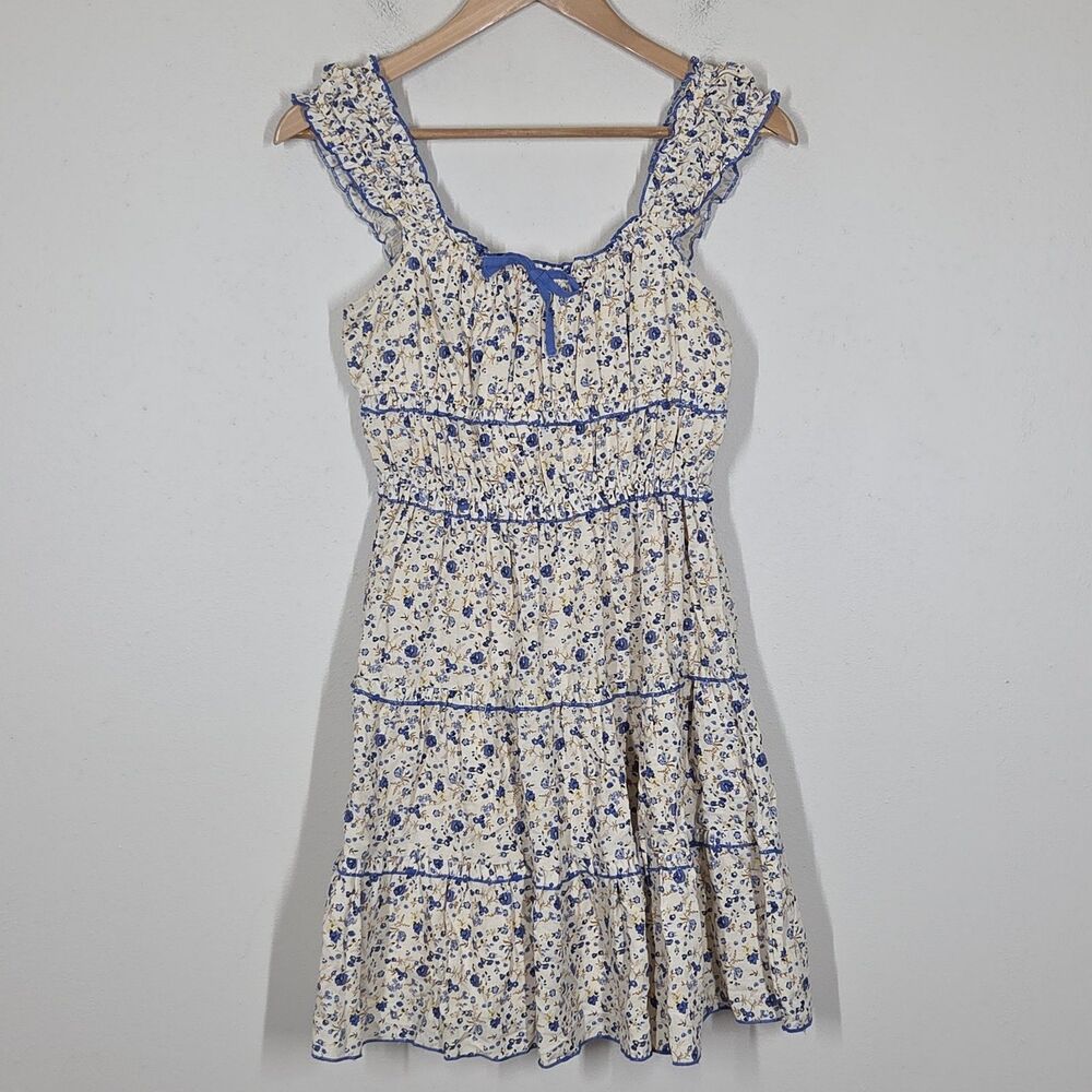Japna Blue Cream Floral Milkmaid Mini Dress Tiered S Cottagecore Prairie Boho